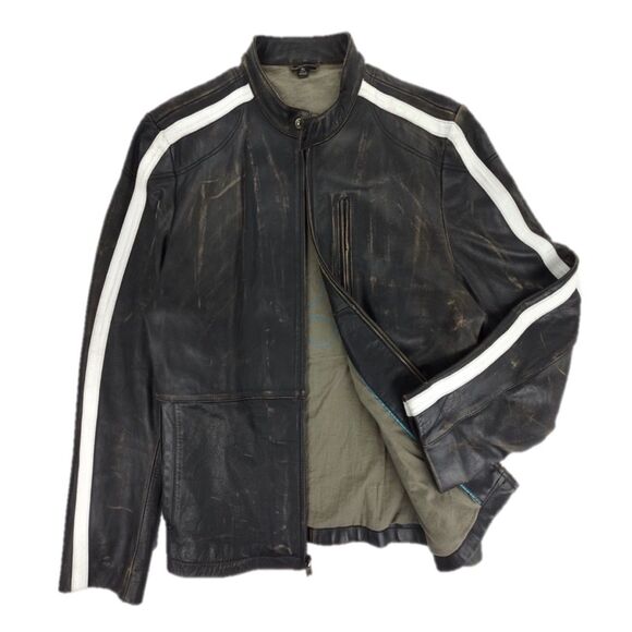 ROGUE Genuine Leather Moto Biker Jacket Distressed Black Striped Vintage 90s